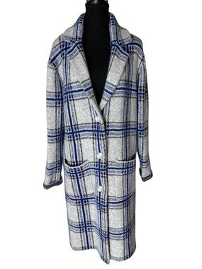 TAHARI Long Plaid Coatigan Sweater Coat Buttons Pockets Grey Blue Size Medium